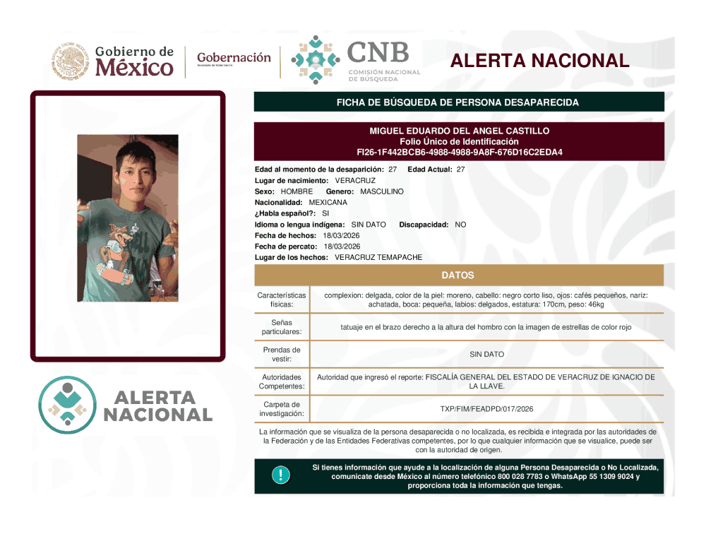 Persona desaparecida Miguel Eduardo del  Ángel Castillo